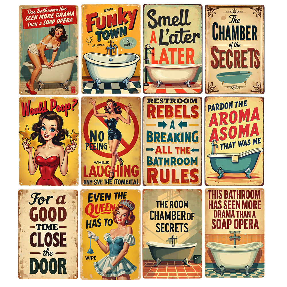 Home Decor Bathroom Ideas - Funny Bathroom Rules Vintage Metal Sign