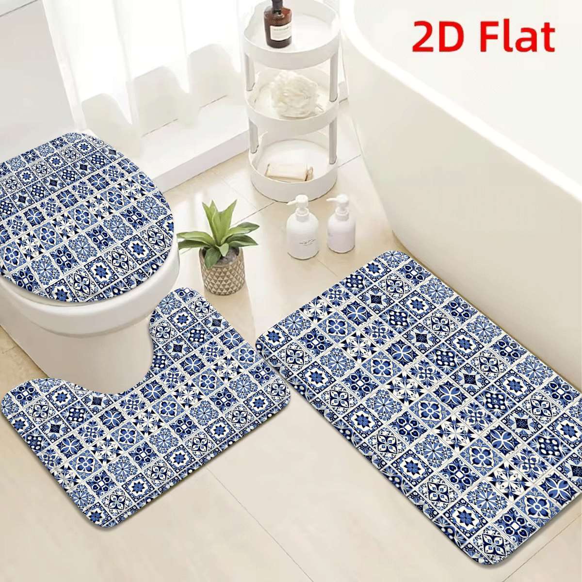Home Made Bathroom Vanity - Decorative Blue White Geometric Bath Mats