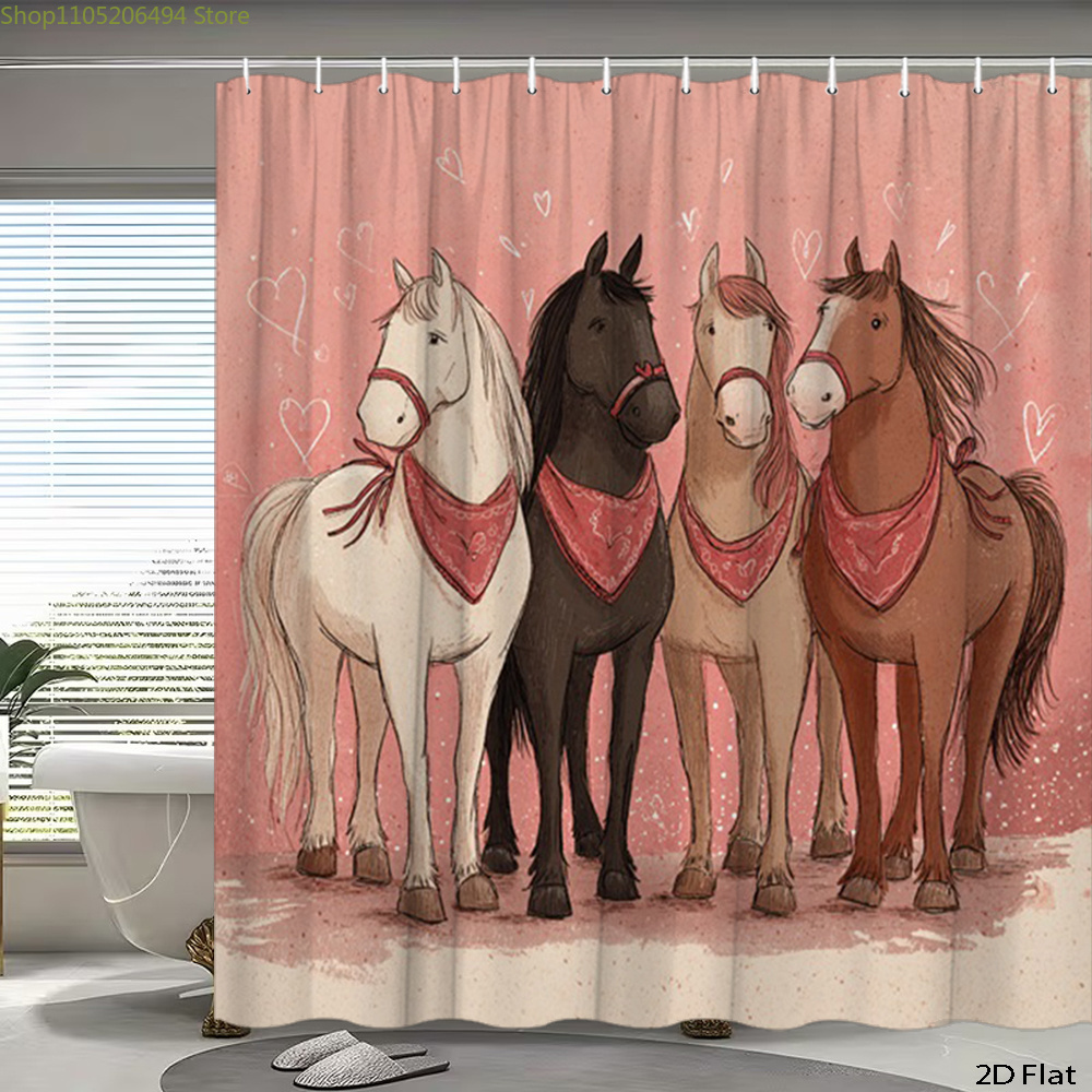 Home Decor Bathroom Ideas - Cute Horses Shower Curtain, Cartoon Animal